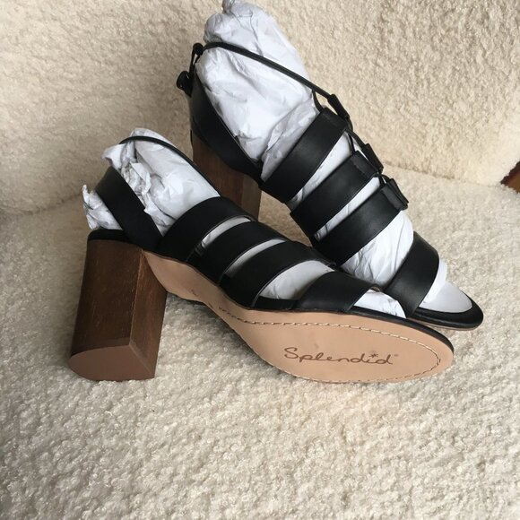 9,5 New Splendid Brayden Lace Up Sandals Block Heel Black Leather Gladiator - Picture 4 of 11